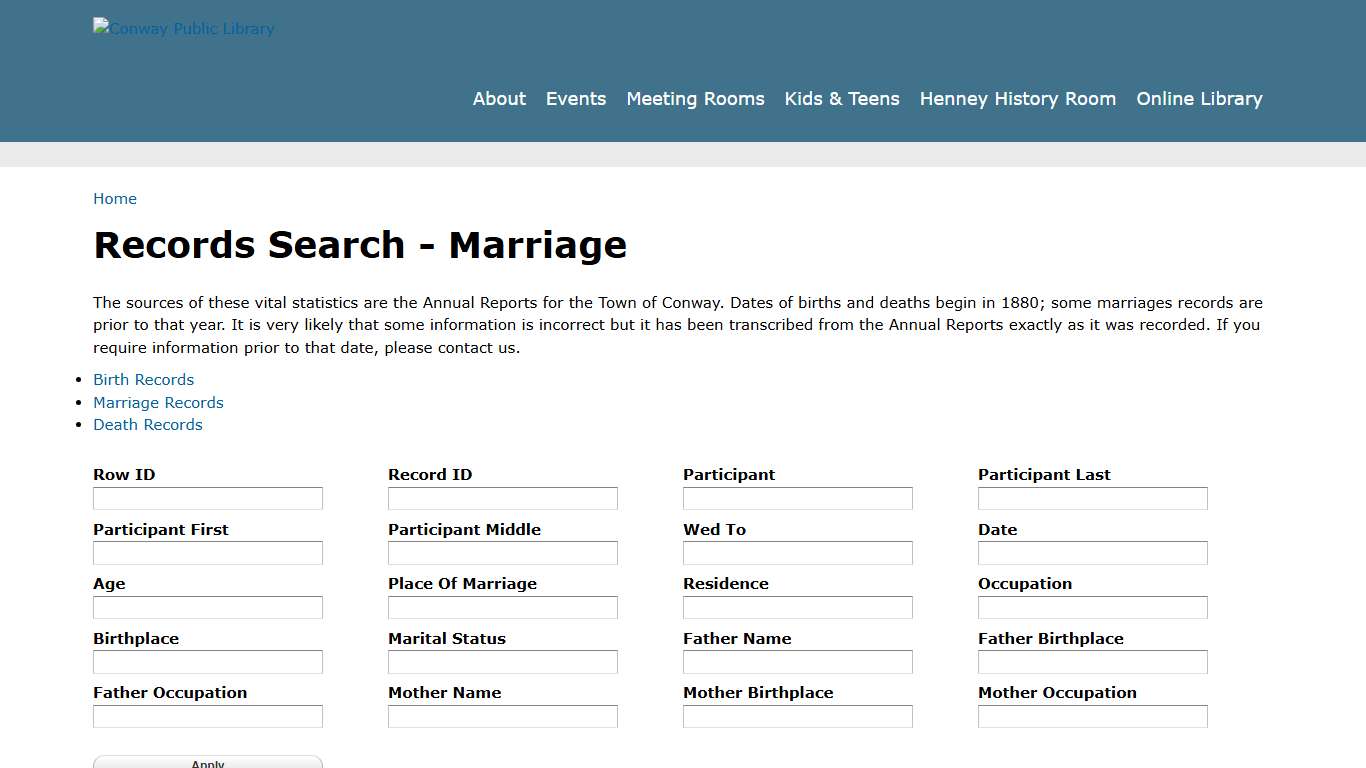 Records Search - Marriage Conway Public Library